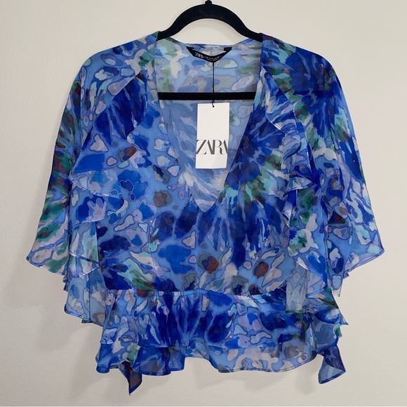 ZARA | Blue Printed Ruffled Blouse - Picture 2 of 8